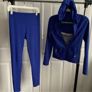 royal blue athletic leggings, hoodie